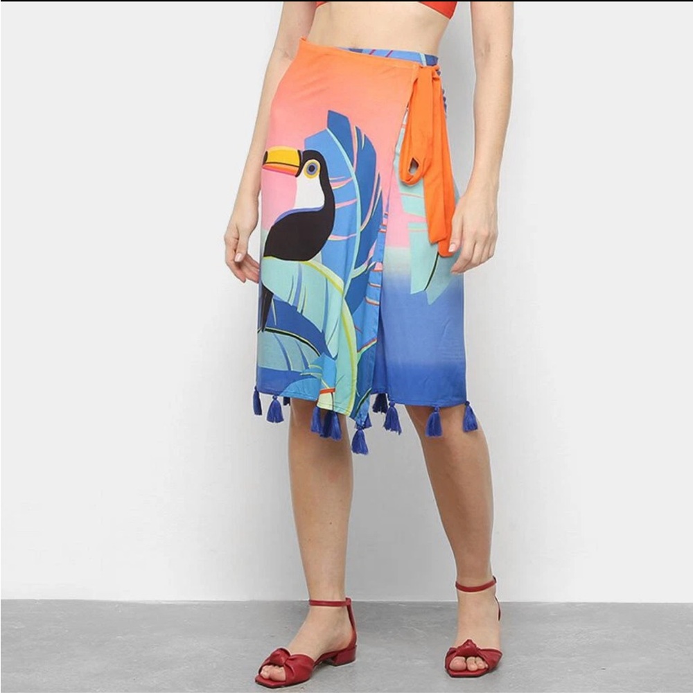 FARM RIO Brazil Tropical Print Wrap Skirt with Tassels